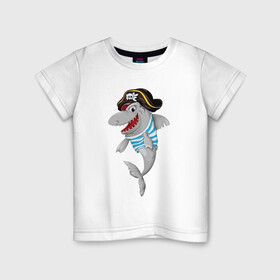 Детская футболка хлопок с принтом Акула пират в матроске в Екатеринбурге, 100% хлопок | круглый вырез горловины, полуприлегающий силуэт, длина до линии бедер | Тематика изображения на принте: shark | акула | акулы | жители | клыки | море | морские | океан | рыба