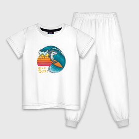 Детская пижама хлопок с принтом Акула серфер в Екатеринбурге, 100% хлопок |  брюки и футболка прямого кроя, без карманов, на брюках мягкая резинка на поясе и по низу штанин
 | Тематика изображения на принте: shark | surf | акула | акулы | жители | клыки | море | морские | океан | рыба | серфер
