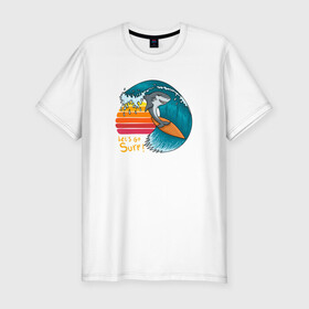 Мужская футболка хлопок Slim с принтом Акула серфер в Екатеринбурге, 92% хлопок, 8% лайкра | приталенный силуэт, круглый вырез ворота, длина до линии бедра, короткий рукав | Тематика изображения на принте: shark | surf | акула | акулы | жители | клыки | море | морские | океан | рыба | серфер