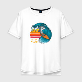 Мужская футболка хлопок Oversize с принтом Акула серфер в Екатеринбурге, 100% хлопок | свободный крой, круглый ворот, “спинка” длиннее передней части | Тематика изображения на принте: shark | surf | акула | акулы | жители | клыки | море | морские | океан | рыба | серфер