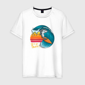 Мужская футболка хлопок с принтом Акула серфер в Екатеринбурге, 100% хлопок | прямой крой, круглый вырез горловины, длина до линии бедер, слегка спущенное плечо. | shark | surf | акула | акулы | жители | клыки | море | морские | океан | рыба | серфер
