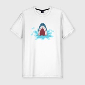 Мужская футболка хлопок Slim с принтом Акула из-под воды в Екатеринбурге, 92% хлопок, 8% лайкра | приталенный силуэт, круглый вырез ворота, длина до линии бедра, короткий рукав | shark | акула | акулы | жители | клыки | море | морские | океан | рыба