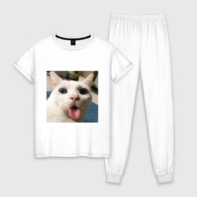 Женская пижама хлопок с принтом Мем про кота в Екатеринбурге, 100% хлопок | брюки и футболка прямого кроя, без карманов, на брюках мягкая резинка на поясе и по низу штанин | белый киса | кашель | кот | мем | мерзость | милый | прикол | эмоции