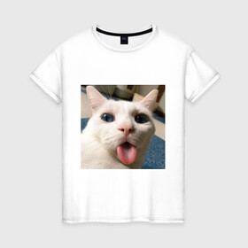 Женская футболка хлопок с принтом Мем про кота в Екатеринбурге, 100% хлопок | прямой крой, круглый вырез горловины, длина до линии бедер, слегка спущенное плечо | белый киса | кашель | кот | мем | мерзость | милый | прикол | эмоции
