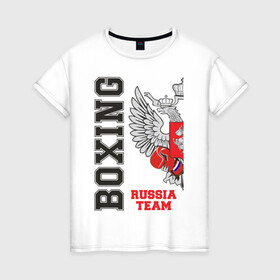 Женская футболка хлопок с принтом Boxing Russia (двухсторонняя) в Екатеринбурге, 100% хлопок | прямой крой, круглый вырез горловины, длина до линии бедер, слегка спущенное плечо | boxer | boxing | russia team | бокс | боксер | сборная россии | тайский бокс