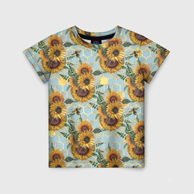Детская футболка 3D с принтом Подсолнухи и пчёлы на голубом в Екатеринбурге, 100% гипоаллергенный полиэфир | прямой крой, круглый вырез горловины, длина до линии бедер, чуть спущенное плечо, ткань немного тянется | bee | bees | blue sky | fashion | flowers | flowers lovers | honey | sunflower | sunflowers | букет подсолнухов | весенние подсолнухи | голубое небо | жёлтые подсолнухи | летние подсолнухи | летние цветы | мёд | медовые соты