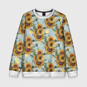 Детский свитшот 3D с принтом Подсолнухи и пчёлы на голубом в Екатеринбурге, 100% полиэстер | свободная посадка, прямой крой, мягкая тканевая резинка на рукавах и понизу свитшота | Тематика изображения на принте: bee | bees | blue sky | fashion | flowers | flowers lovers | honey | sunflower | sunflowers | букет подсолнухов | весенние подсолнухи | голубое небо | жёлтые подсолнухи | летние подсолнухи | летние цветы | мёд | медовые соты