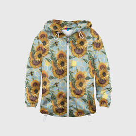 Детская ветровка 3D с принтом Подсолнухи и пчёлы на голубом в Екатеринбурге, 100% полиэстер | подол и капюшон оформлены резинкой с фиксаторами, по бокам два кармана без застежек, один потайной карман на груди | bee | bees | blue sky | fashion | flowers | flowers lovers | honey | sunflower | sunflowers | букет подсолнухов | весенние подсолнухи | голубое небо | жёлтые подсолнухи | летние подсолнухи | летние цветы | мёд | медовые соты