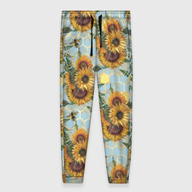 Женские брюки 3D с принтом Подсолнухи и пчёлы на голубом в Екатеринбурге, полиэстер 100% | прямой крой, два кармана без застежек по бокам, с мягкой трикотажной резинкой на поясе и по низу штанин. В поясе для дополнительного комфорта — широкие завязки | bee | bees | blue sky | fashion | flowers | flowers lovers | honey | sunflower | sunflowers | букет подсолнухов | весенние подсолнухи | голубое небо | жёлтые подсолнухи | летние подсолнухи | летние цветы | мёд | медовые соты