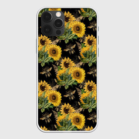 Чехол для iPhone 12 Pro с принтом Fashion Sunflowers and bees в Екатеринбурге, силикон | область печати: задняя сторона чехла, без боковых панелей | Тематика изображения на принте: black | fashion | flowers | flowers lovers | sunflower | sunflowers | букет подсолнухов | весенние подсолнухи | жёлтые подсолнухи | летние подсолнухи | летние цветы | насекомые | подсолнечник | подсолнухи