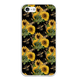 Чехол для iPhone 5/5S матовый с принтом Fashion Sunflowers and bees в Екатеринбурге, Силикон | Область печати: задняя сторона чехла, без боковых панелей | black | fashion | flowers | flowers lovers | sunflower | sunflowers | букет подсолнухов | весенние подсолнухи | жёлтые подсолнухи | летние подсолнухи | летние цветы | насекомые | подсолнечник | подсолнухи