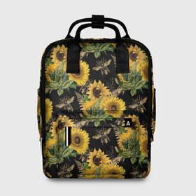 Женский рюкзак 3D с принтом Fashion Sunflowers and bees в Екатеринбурге, 100% полиэстер | лямки с регулируемой длиной, сверху ручки, чтобы рюкзак нести как сумку. Основное отделение закрывается на молнию, как и внешний карман. Внутри два дополнительных кармана, один из которых закрывается на молнию. По бокам два дополнительных кармашка, куда поместится маленькая бутылочка
 | black | fashion | flowers | flowers lovers | sunflower | sunflowers | букет подсолнухов | весенние подсолнухи | жёлтые подсолнухи | летние подсолнухи | летние цветы | насекомые | подсолнечник | подсолнухи