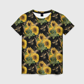 Женская футболка 3D с принтом Fashion Sunflowers and bees в Екатеринбурге, 100% полиэфир ( синтетическое хлопкоподобное полотно) | прямой крой, круглый вырез горловины, длина до линии бедер | Тематика изображения на принте: black | fashion | flowers | flowers lovers | sunflower | sunflowers | букет подсолнухов | весенние подсолнухи | жёлтые подсолнухи | летние подсолнухи | летние цветы | насекомые | подсолнечник | подсолнухи