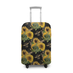 Чехол для чемодана 3D с принтом Fashion Sunflowers and bees в Екатеринбурге, 86% полиэфир, 14% спандекс | двустороннее нанесение принта, прорези для ручек и колес | black | fashion | flowers | flowers lovers | sunflower | sunflowers | букет подсолнухов | весенние подсолнухи | жёлтые подсолнухи | летние подсолнухи | летние цветы | насекомые | подсолнечник | подсолнухи
