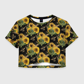 Женская футболка Crop-top 3D с принтом Fashion Sunflowers and bees в Екатеринбурге, 100% полиэстер | круглая горловина, длина футболки до линии талии, рукава с отворотами | black | fashion | flowers | flowers lovers | sunflower | sunflowers | букет подсолнухов | весенние подсолнухи | жёлтые подсолнухи | летние подсолнухи | летние цветы | насекомые | подсолнечник | подсолнухи