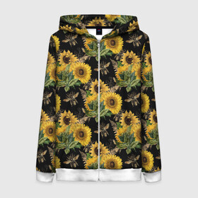 Женская толстовка 3D на молнии с принтом Fashion Sunflowers and bees в Екатеринбурге, 100% полиэстер | длина до линии бедра, манжеты и пояс оформлены мягкой тканевой резинкой, двухслойный капюшон со шнурком для регулировки, спереди молния, по бокам два кармана | black | fashion | flowers | flowers lovers | sunflower | sunflowers | букет подсолнухов | весенние подсолнухи | жёлтые подсолнухи | летние подсолнухи | летние цветы | насекомые | подсолнечник | подсолнухи
