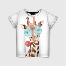 Детская футболка 3D с принтом Жираф в очках в Екатеринбурге, 100% гипоаллергенный полиэфир | прямой крой, круглый вырез горловины, длина до линии бедер, чуть спущенное плечо, ткань немного тянется | Тематика изображения на принте: животные | жираф | звери | конфета | очки | чупа чупс