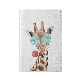 Обложка для паспорта матовая кожа с принтом Жираф в очках в Екатеринбурге, натуральная матовая кожа | размер 19,3 х 13,7 см; прозрачные пластиковые крепления | Тематика изображения на принте: животные | жираф | звери | конфета | очки | чупа чупс