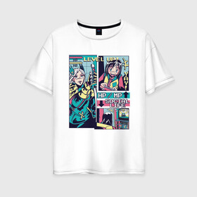 Женская футболка хлопок Oversize с принтом Vaporwave Anime Level UP в Екатеринбурге, 100% хлопок | свободный крой, круглый ворот, спущенный рукав, длина до линии бедер
 | art | hp mp | japan | japanese | landscape | social life | tokyo | арт | вапорвейв | девочка из манги | здоровье | комиксы | компьютер | мана | манга | паровая волна | персонаж аниме | приставка | рисунок в стиле аниме