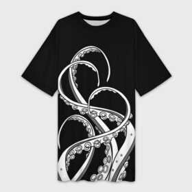 Платье-футболка 3D с принтом Octopus Black and White в Екатеринбурге,  |  | fish | kraken | ocean spirit | octopus | sea | summer | вода | водный мир | животные | зверь | кальмар | кракен | лето | монстр | море | морская живность | морские обитатели | осьминог | отпуск | рыба | черно белый | чуд