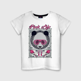 Детская футболка хлопок с принтом PINK LIFE в Екатеринбурге, 100% хлопок | круглый вырез горловины, полуприлегающий силуэт, длина до линии бедер | black | fashion | girl | life | panda | pink | roses | text | white | женский | жизнь | лето | мода | очки | панда | розовый | розы | стиль | узор