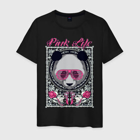 Мужская футболка хлопок с принтом PINK LIFE в Екатеринбурге, 100% хлопок | прямой крой, круглый вырез горловины, длина до линии бедер, слегка спущенное плечо. | Тематика изображения на принте: black | fashion | girl | life | panda | pink | roses | text | white | женский | жизнь | лето | мода | очки | панда | розовый | розы | стиль | узор