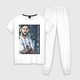 Женская пижама хлопок с принтом Lionel Messi в Екатеринбурге, 100% хлопок | брюки и футболка прямого кроя, без карманов, на брюках мягкая резинка на поясе и по низу штанин | barcelona | football | forward | messi | star | барселона | звезда | месси | нападающий | футбол