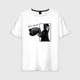 Женская футболка хлопок Oversize с принтом Риэл Мэйер (Эрго Прокси) в Екатеринбурге, 100% хлопок | свободный крой, круглый ворот, спущенный рукав, длина до линии бедер
 | ergo proxy | аниме | надпись | пистолет | риэл мэйер | черные волосы