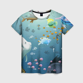Женская футболка 3D с принтом Мультяшные рыбки Пляжная в Екатеринбурге, 100% полиэфир ( синтетическое хлопкоподобное полотно) | прямой крой, круглый вырез горловины, длина до линии бедер | море | мультяшки | океан | пляжная | рыба | рыбки | рыбы