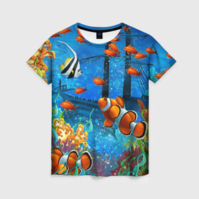 Женская футболка 3D с принтом На глубине | Рыбки | Пляжная в Екатеринбурге, 100% полиэфир ( синтетическое хлопкоподобное полотно) | прямой крой, круглый вырез горловины, длина до линии бедер | море | мультяшки | океан | пляжная | рыба | рыбки | рыбы