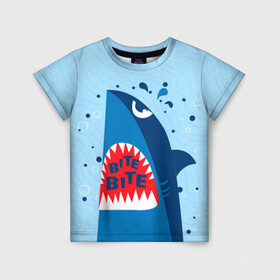 Детская футболка 3D с принтом Акула bite в Екатеринбурге, 100% гипоаллергенный полиэфир | прямой крой, круглый вырез горловины, длина до линии бедер, чуть спущенное плечо, ткань немного тянется | shark | акула | акулы | жители | клыки | море | морские | океан | рыба