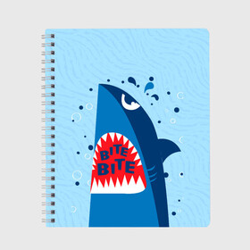 Тетрадь с принтом Акула bite в Екатеринбурге, 100% бумага | 48 листов, плотность листов — 60 г/м2, плотность картонной обложки — 250 г/м2. Листы скреплены сбоку удобной пружинной спиралью. Уголки страниц и обложки скругленные. Цвет линий — светло-серый
 | shark | акула | акулы | жители | клыки | море | морские | океан | рыба
