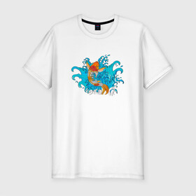Мужская футболка хлопок Slim с принтом Рыбка Кои в Екатеринбурге, 92% хлопок, 8% лайкра | приталенный силуэт, круглый вырез ворота, длина до линии бедра, короткий рукав | fish | water | вода | карп | карпы | кои | море | морское | рыба | цветы | японские