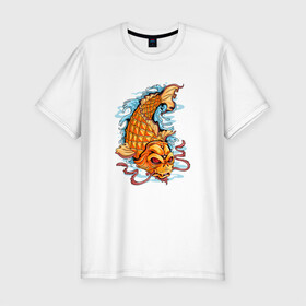 Мужская футболка хлопок Slim с принтом Рыбка Кои в Екатеринбурге, 92% хлопок, 8% лайкра | приталенный силуэт, круглый вырез ворота, длина до линии бедра, короткий рукав | fish | water | вода | карп | карпы | кои | море | морское | рыба | цветы | японские