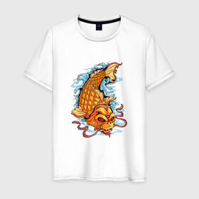 Мужская футболка хлопок с принтом Рыбка Кои в Екатеринбурге, 100% хлопок | прямой крой, круглый вырез горловины, длина до линии бедер, слегка спущенное плечо. | fish | water | вода | карп | карпы | кои | море | морское | рыба | цветы | японские
