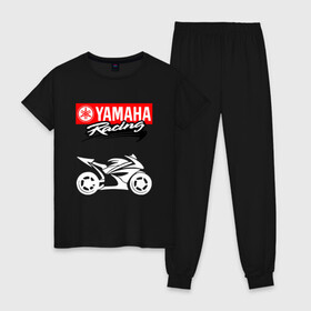 Женская пижама хлопок с принтом YAMAHA ЯМАХА RACING в Екатеринбурге, 100% хлопок | брюки и футболка прямого кроя, без карманов, на брюках мягкая резинка на поясе и по низу штанин | motorcycle | yamaha | yzf r6. | байк | байкер | мотоспорт | мототехника | мотоцикл | мотоциклист | скутер | ямаха