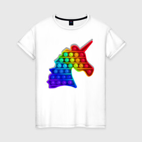 Женская футболка хлопок с принтом Единорог, поп-ит, симпл-димпл в Екатеринбурге, 100% хлопок | прямой крой, круглый вырез горловины, длина до линии бедер, слегка спущенное плечо | pop it | rainbow | unicorn | единорог | поп ит | радуга | симпл димпл