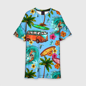 Детское платье 3D с принтом Пальмы волны серфинг в Екатеринбурге, 100% полиэстер | прямой силуэт, чуть расширенный к низу. Круглая горловина, на рукавах — воланы | Тематика изображения на принте: beach | club | palm | party | sea | summer | tropical | волна | волны | жара | летние | лето | море | очки | пальмы | пляж | серф | серфинг | тропический