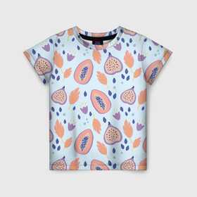 Детская футболка 3D с принтом Папайя в Екатеринбурге, 100% гипоаллергенный полиэфир | прямой крой, круглый вырез горловины, длина до линии бедер, чуть спущенное плечо, ткань немного тянется | Тематика изображения на принте: papaya | морская | папайя | паттерн | с папаем | фрукт