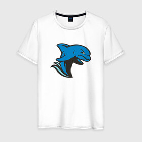 Мужская футболка хлопок с принтом Злой дельфин в Екатеринбурге, 100% хлопок | прямой крой, круглый вырез горловины, длина до линии бедер, слегка спущенное плечо. | Тематика изображения на принте: dolphin | дельфин | дельфины | злой | море | морские | с дельфином