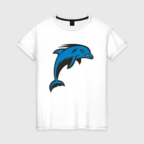 Женская футболка хлопок с принтом Злой дельфин в Екатеринбурге, 100% хлопок | прямой крой, круглый вырез горловины, длина до линии бедер, слегка спущенное плечо | dolphin | дельфин | дельфины | море | морские | на голубом | с дельфином