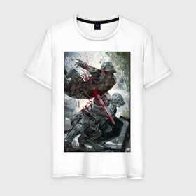 Мужская футболка хлопок с принтом Dark Souls воины в Екатеринбурге, 100% хлопок | прямой крой, круглый вырез горловины, длина до линии бедер, слегка спущенное плечо. | dark souls | fantasy | iron | warrior | бойцы | в доспехах | крестоносцы | фентези