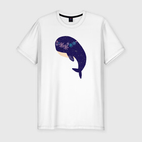 Мужская футболка хлопок Slim с принтом Кит в Екатеринбурге, 92% хлопок, 8% лайкра | приталенный силуэт, круглый вырез ворота, длина до линии бедра, короткий рукав | whale | белый кит | кит | киты | морские | паттерн | синий кит