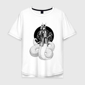 Мужская футболка хлопок Oversize с принтом Самурай наги в Екатеринбурге, 100% хлопок | свободный крой, круглый ворот, “спинка” длиннее передней части | арт | воин | демон | ёкай | змея | китай | манга | маска | мистическое существо | наги | рисунок | рога | самурай | чешуя | япония