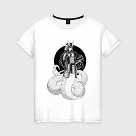 Женская футболка хлопок с принтом Самурай наги в Екатеринбурге, 100% хлопок | прямой крой, круглый вырез горловины, длина до линии бедер, слегка спущенное плечо | арт | воин | демон | ёкай | змея | китай | манга | маска | мистическое существо | наги | рисунок | рога | самурай | чешуя | япония