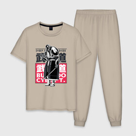 Мужская пижама хлопок с принтом Кибер Самурай Бусидо в Екатеринбурге, 100% хлопок | брюки и футболка прямого кроя, без карманов, на брюках мягкая резинка на поясе и по низу штанин
 | Тематика изображения на принте: art | bushido | cyberpunk samurai | future | ninja | oni | ronin | samurai | shogun | арт | будущее | киберпанк самурай | мерч | мужик | мужчина | прикол | путь воина | путь война | ронин | сёгун | сепукку | токио | харакири