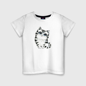 Детская футболка хлопок с принтом Котёнок в Екатеринбурге, 100% хлопок | круглый вырез горловины, полуприлегающий силуэт, длина до линии бедер | голубые глаза | зверь | киса | кот | котейка | котёнок | кошак | кошка | маленький | миленький | полосатый | полоски | пушистый | серый | скетч | шерсть