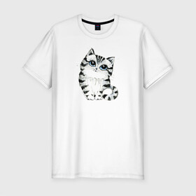 Мужская футболка хлопок Slim с принтом Котёнок в Екатеринбурге, 92% хлопок, 8% лайкра | приталенный силуэт, круглый вырез ворота, длина до линии бедра, короткий рукав | голубые глаза | зверь | киса | кот | котейка | котёнок | кошак | кошка | маленький | миленький | полосатый | полоски | пушистый | серый | скетч | шерсть