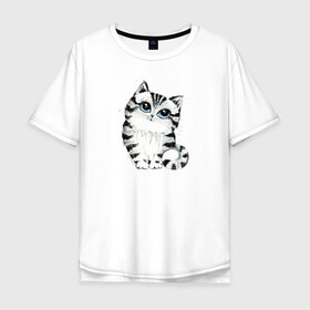 Мужская футболка хлопок Oversize с принтом Котёнок в Екатеринбурге, 100% хлопок | свободный крой, круглый ворот, “спинка” длиннее передней части | голубые глаза | зверь | киса | кот | котейка | котёнок | кошак | кошка | маленький | миленький | полосатый | полоски | пушистый | серый | скетч | шерсть