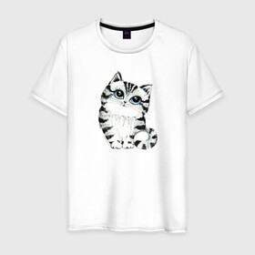 Мужская футболка хлопок с принтом Котёнок в Екатеринбурге, 100% хлопок | прямой крой, круглый вырез горловины, длина до линии бедер, слегка спущенное плечо. | голубые глаза | зверь | киса | кот | котейка | котёнок | кошак | кошка | маленький | миленький | полосатый | полоски | пушистый | серый | скетч | шерсть